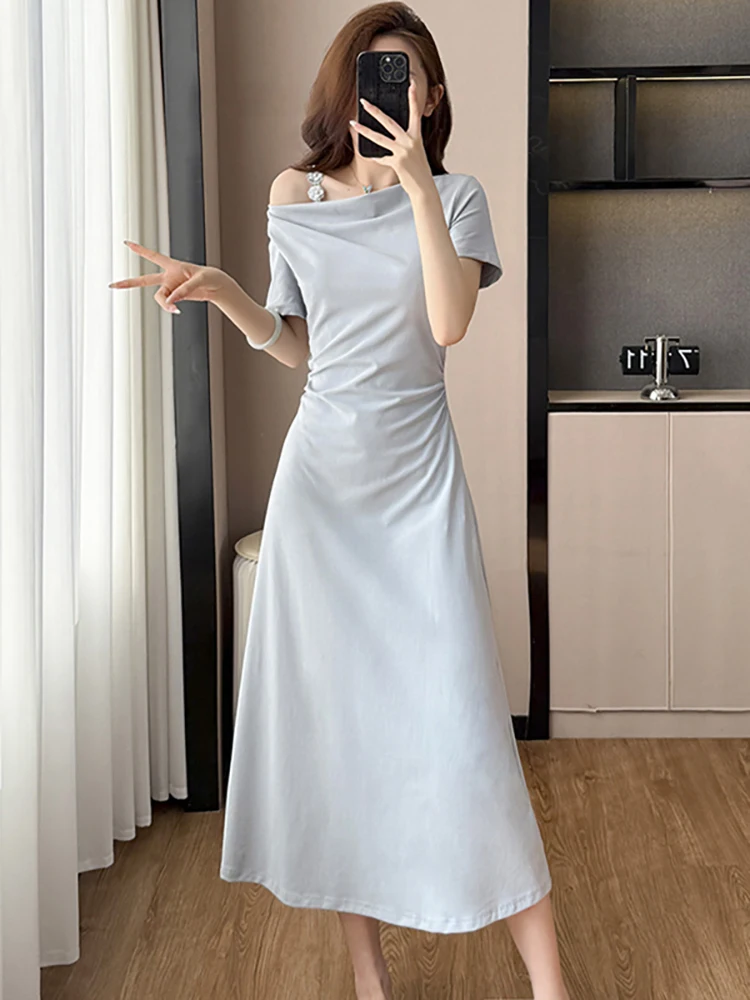 Summer Blue Pleated Bodycon Diagonal Collar Dress Women Short Sleeve Bodycon Home Dress 2026 Korean Vintage Luxury Evening Dress