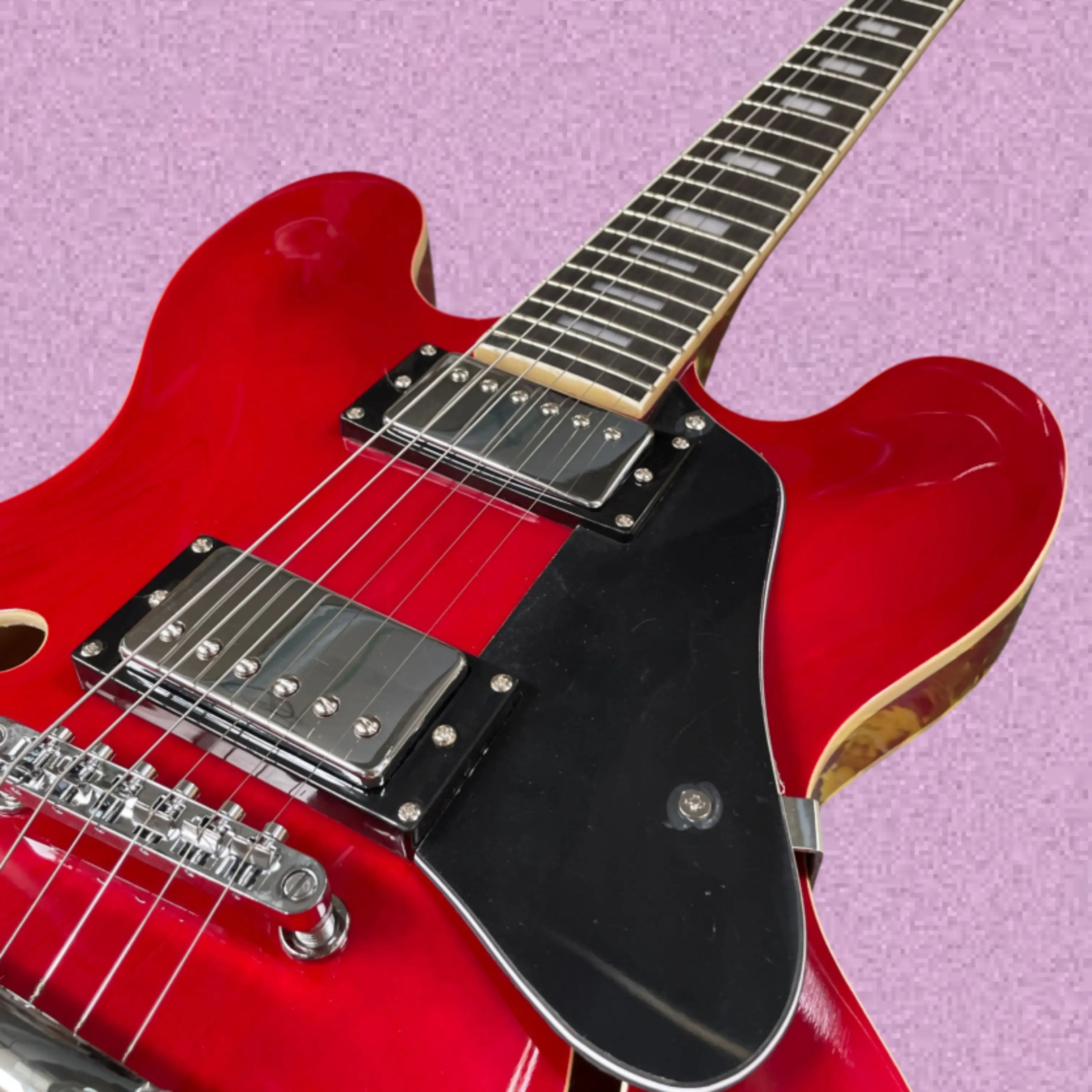 Bright Red Semi-Hollow Electric Guitar With Black Pickguard, Finely Crafted Guitars, Ideal For Practice And Performance Guitarra