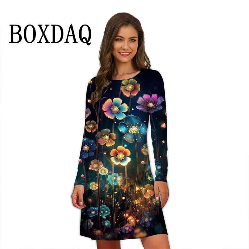 Gold 3D Flower Power Women Dress Retro Elegant Long Sleeve Loose Dress Casual Fashion Oversized Autumn Woman Print Mini Dress