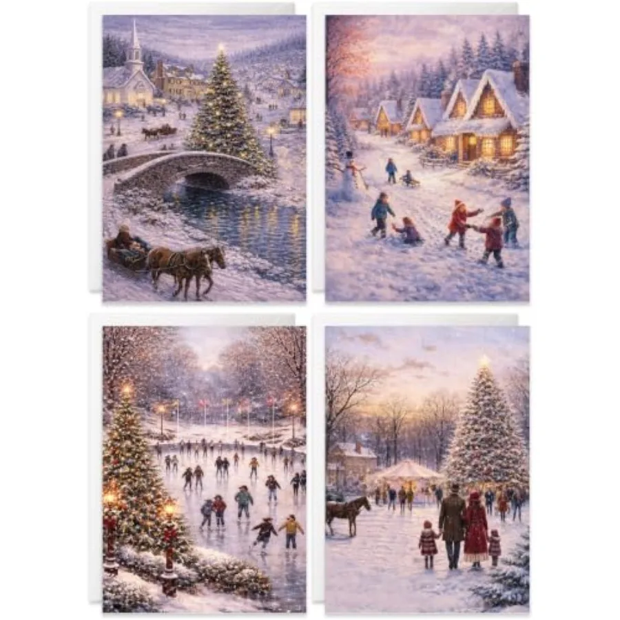 Traditional Christmas Cards Packs of 20, 4 Painted Winter Festive Scenes, Eco-friendly and Made in UK, Blank Inside with Envelo