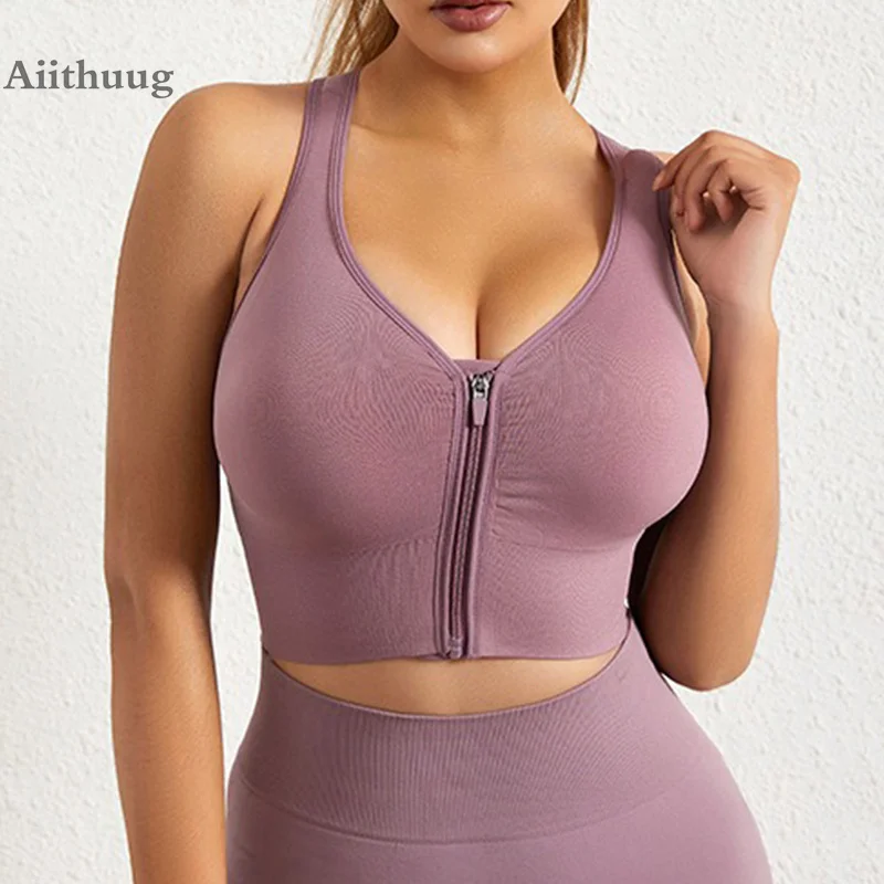 

Aiithuug Zipper Front Yoga Crop Tops Stretchy Bounce Control Gym Bra Sports Fitness Crops Workout Tops Active Pilates Bras