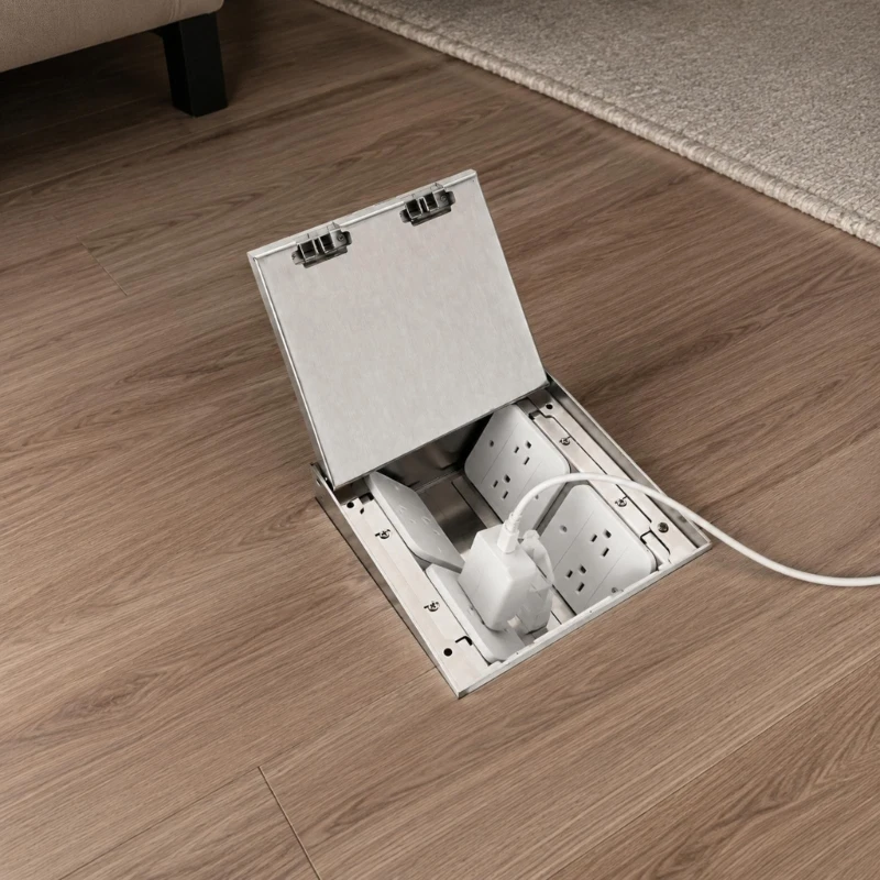 Floor Electrical Box with Silver-Tone Metal Panel and Hinged Cover for Recessed Placement in Offices and Lodging