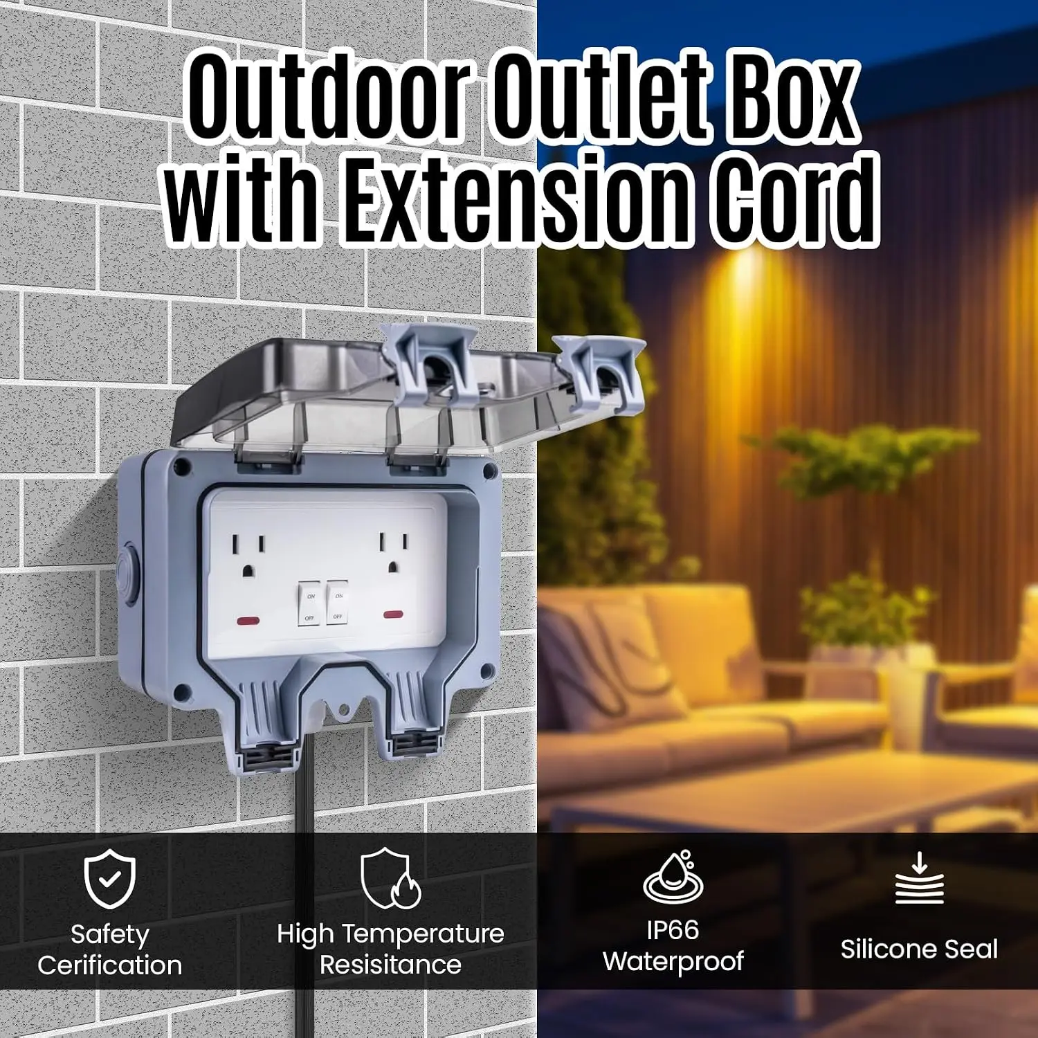 Outdoor Power Outlet 15A 110V With 10/20/33ft Extension Cord IP66 Waterproof, IK08 & UL1363-2018 Certified Extender For Garden