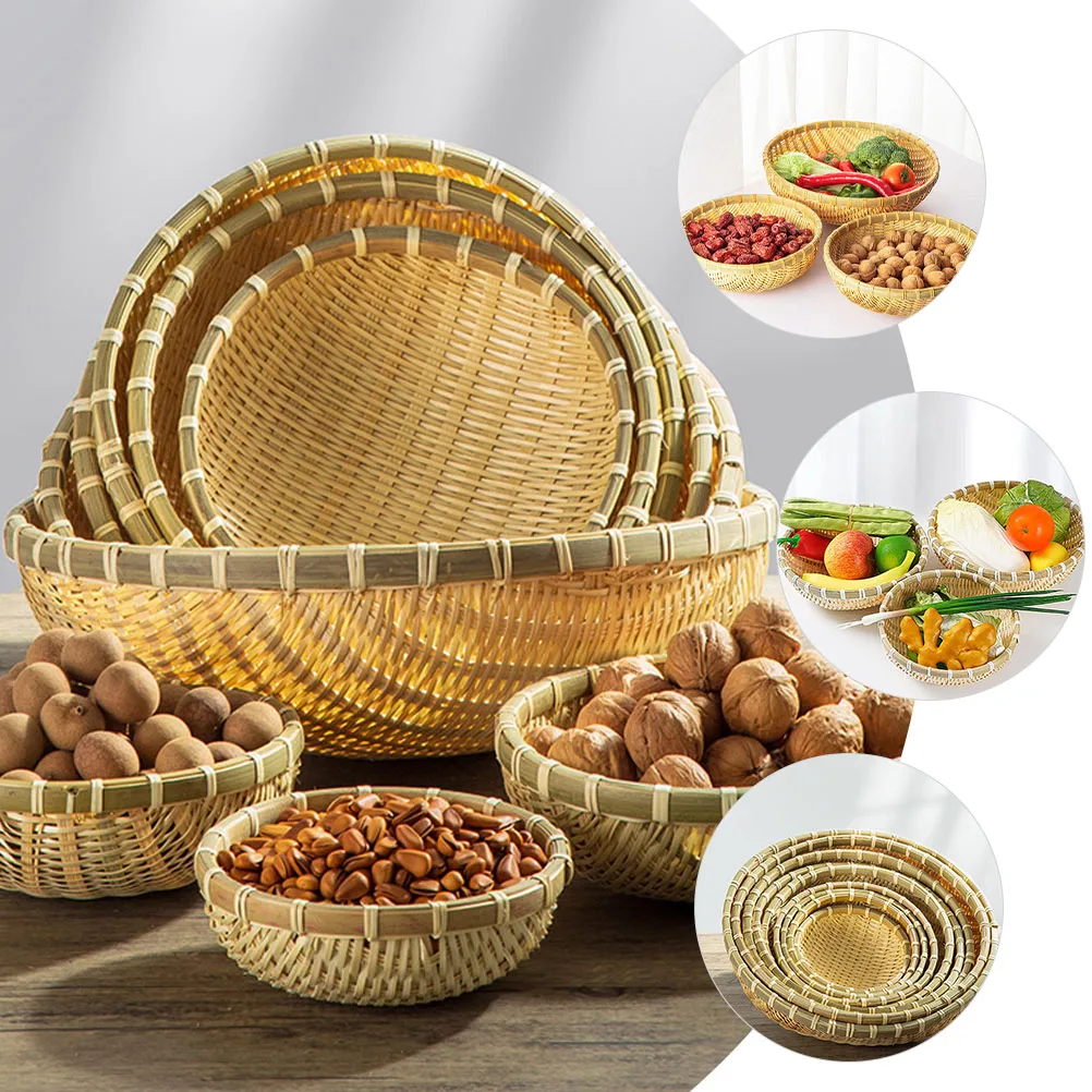 3pcs Bamboo Woven Baskets Vegetable Tea Cake Food Storage Baskets Natural Handmade Round Square Kitchenware Home Decoration