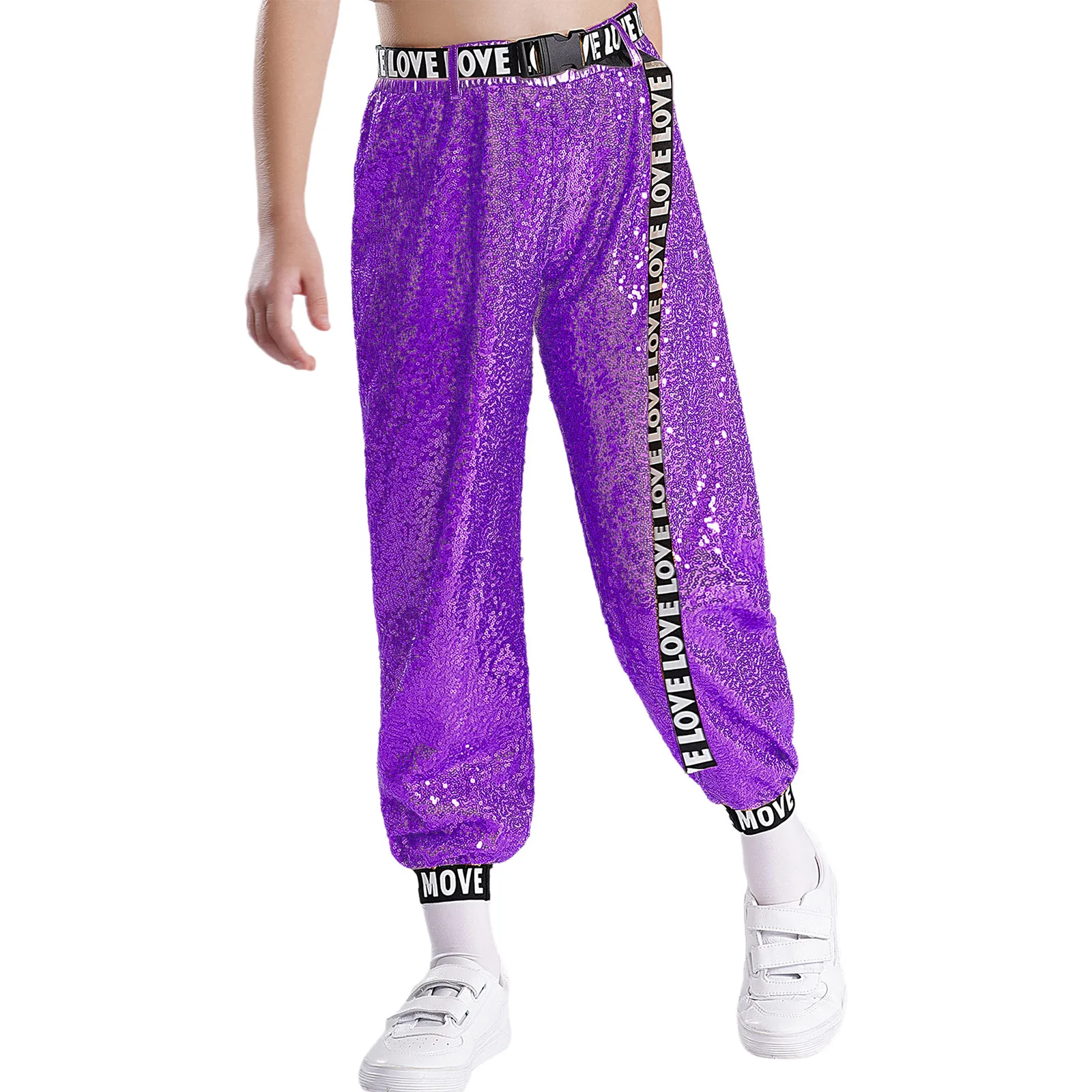 Kids Girls Street Dance Pants Sparkly Sequins Trouser with Letter Print Belt Jazz Dance Hip Hop Stage Performance Costumes