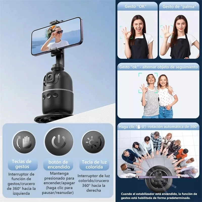 Auto Face Tracking Phone Holder with 360° Rotation,No app required,,Smart selfie gimbal stabilizer, Suitable for Live Broadcast