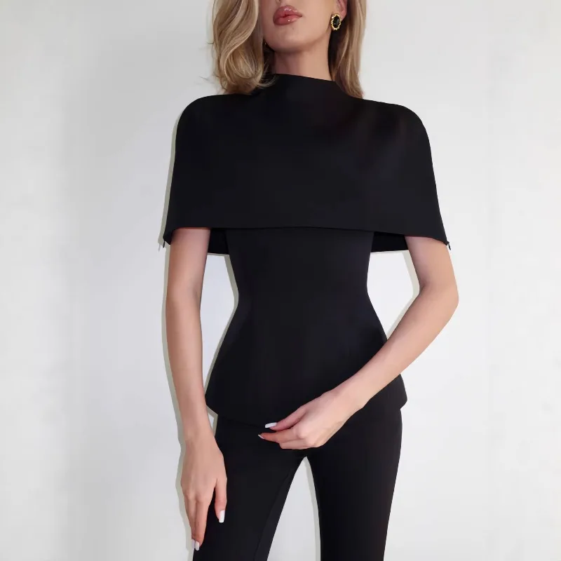 Schwarze Cape-Bluse 2026 Damen Hochgeschlossenes Capelet-Peplum-Top für Party, Abend und elegante Bürokleidung
