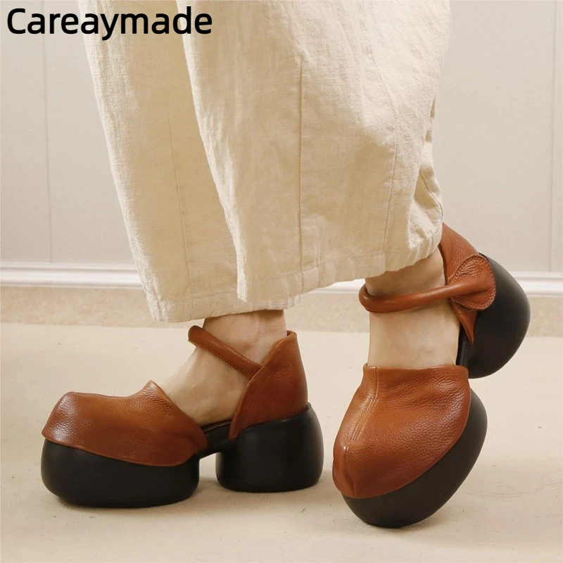 

Женские сандалии Careaymade-Vintage из натуральной кожи на платформе, с круглым носком, однотонные, универсальные, весна-лето, новинка