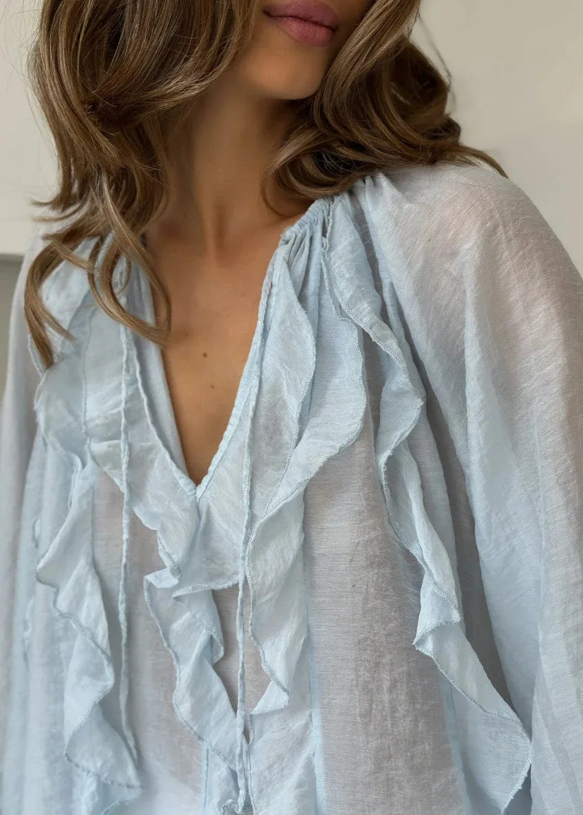 Blubelle 2026 Summer New French V-neck Shirt Ruffled Lotus Leaf Lantern Sleeve Shirt Semi Transparent Thin Shirt Fashion