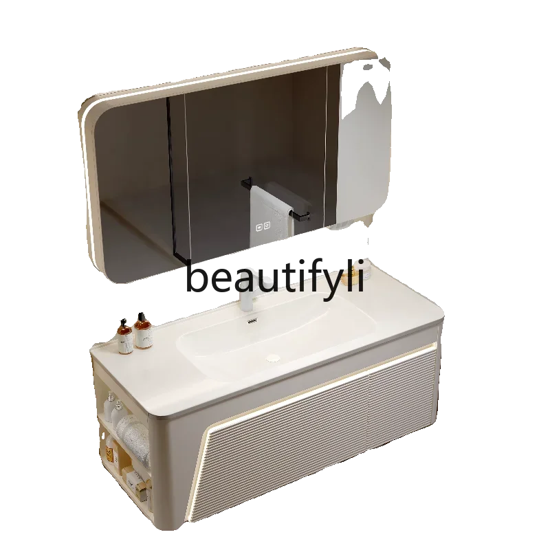 

ss25 Cream wind ceramic integrated basin bathroom cabinet toilet washbasin solid wood oak washbasin combination