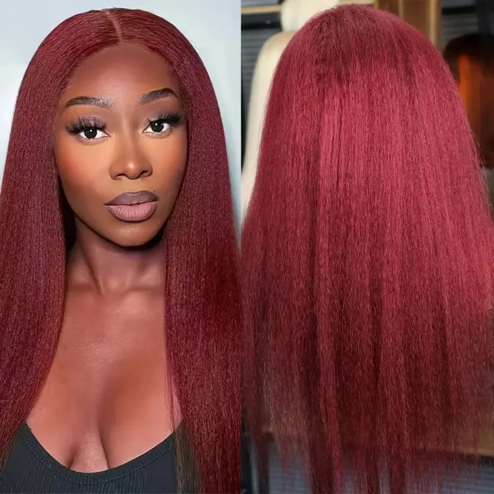 13×4 verworrene gerade Burgunderrote Lace-Front-Perücken, Echthaar, transparent, vorgezupft, weinrot, 220 Dichte, Lace-Frontal-Perücke für Frauen99