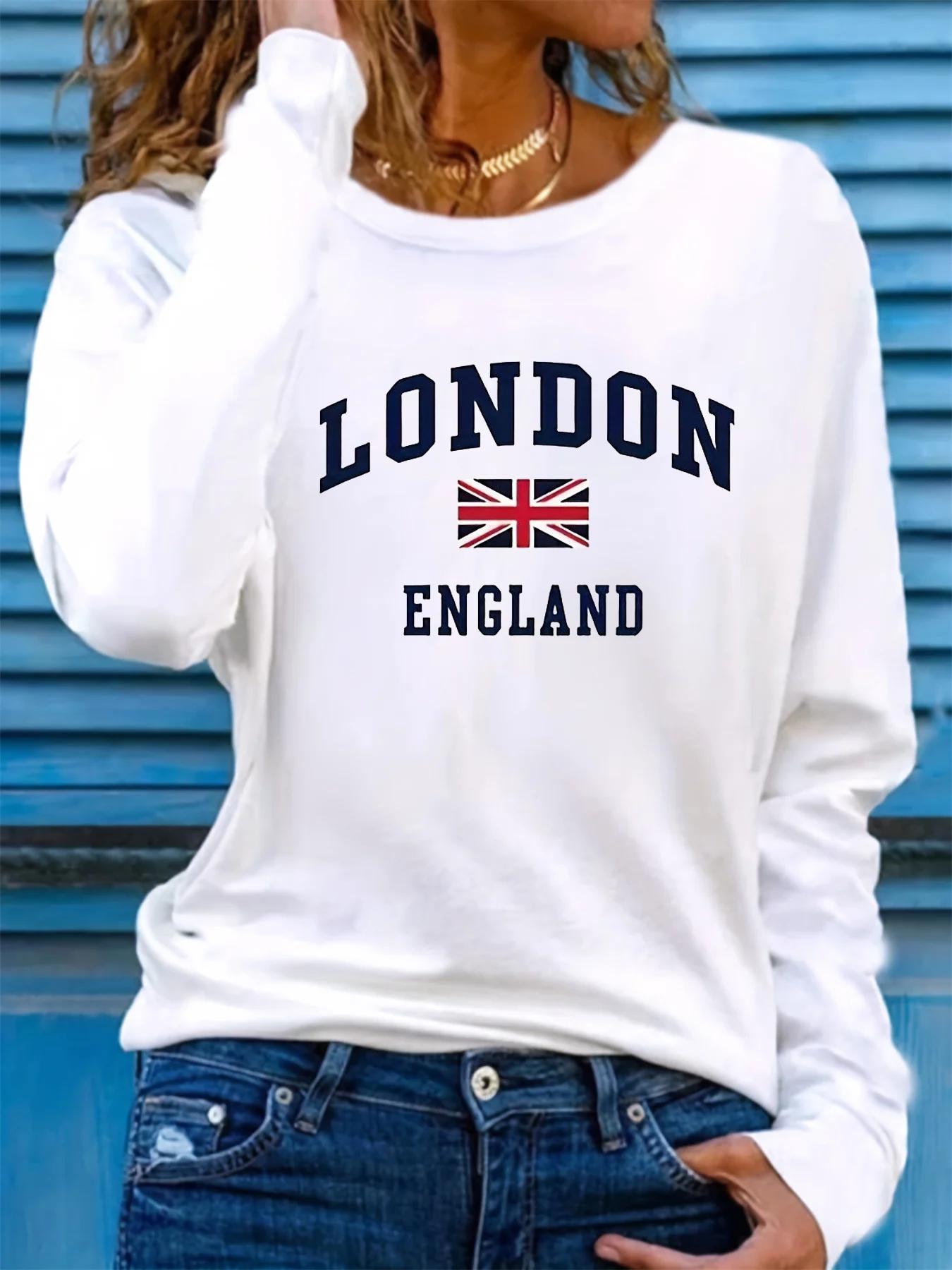 Women's Spring and Autumn 100% Cotton Comfortable Casual Long Sleeved Star London England Graphic Printed Round Neck T-Shirt