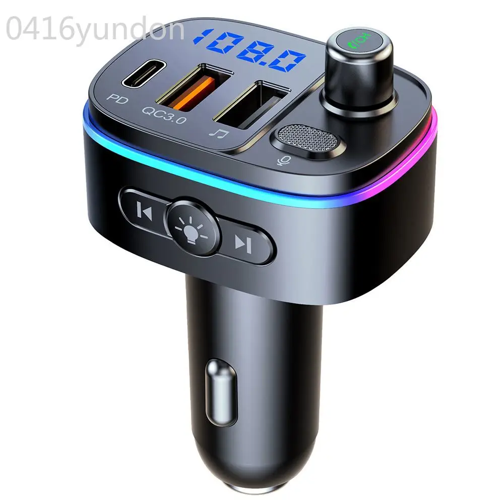 T65 bluetooth V5.0 FM Transmitter 18W PD + QC3.0 USB Car Charger 9 Colors Atmosphere Lights Siri Voice Control Hands-free Calls