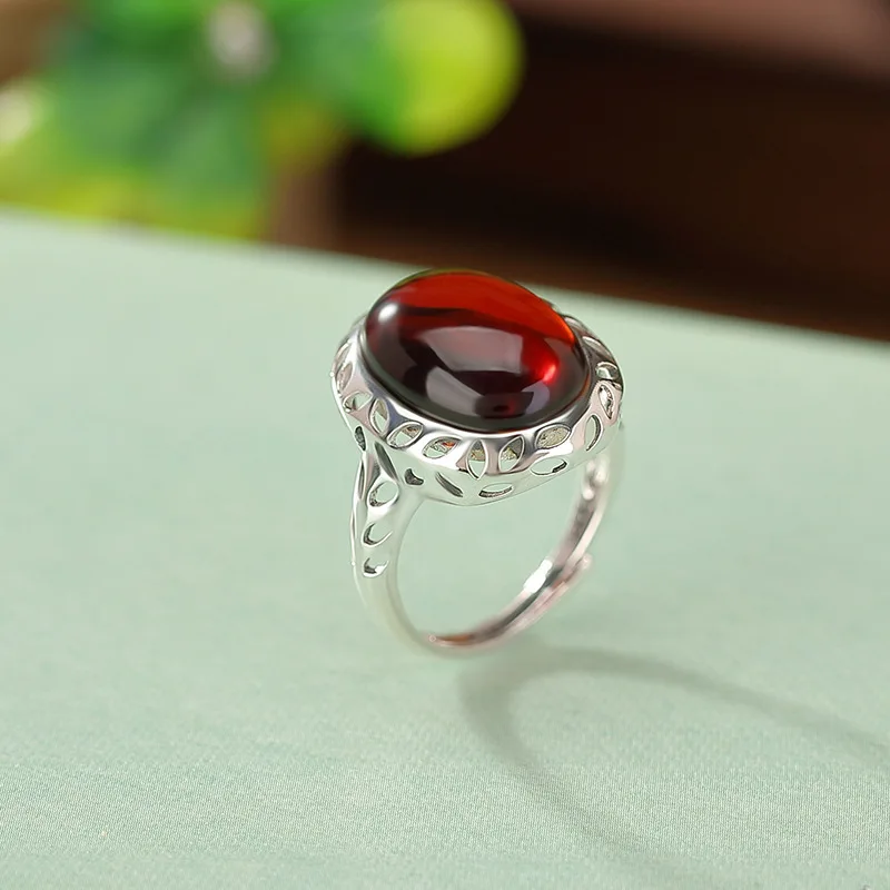 S925 Sterling Blood Amber Geometric Hollow Surface Elegant Silver Open Ring