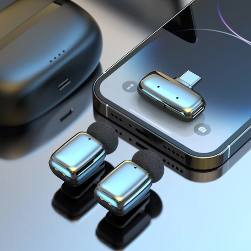 Imagen 2 del producto Micrófono Lavalier inalámbrico con estuche de carga para teléfono transmisión en vivo entrevista al aire libre Mini micrófono de solapa con cancelación de ruido