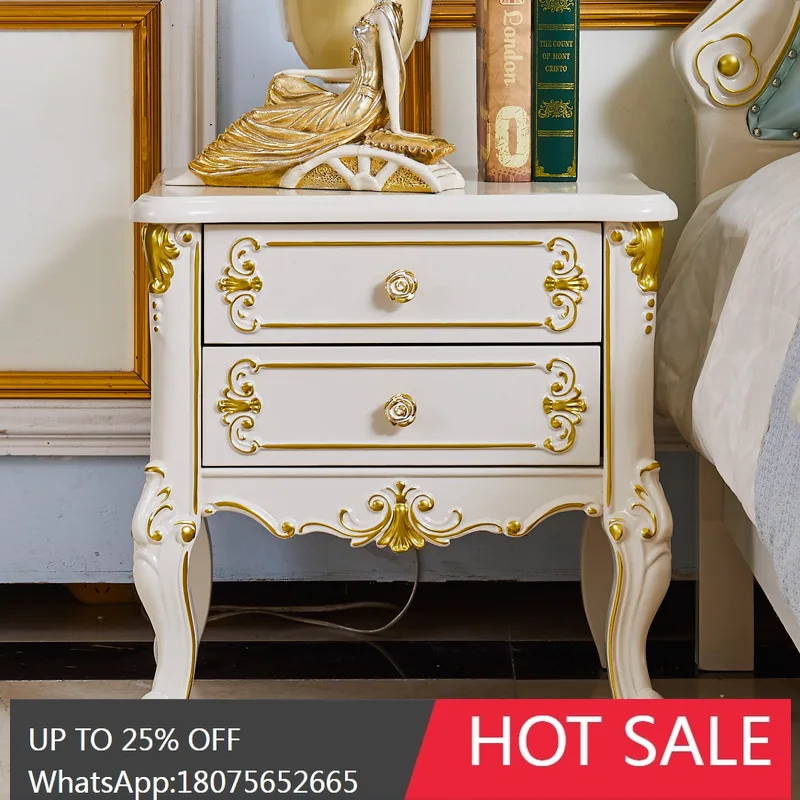 

MJY European Style Solid Wood Bedside Table Ivory white Storage Bedroom Small Cabinet