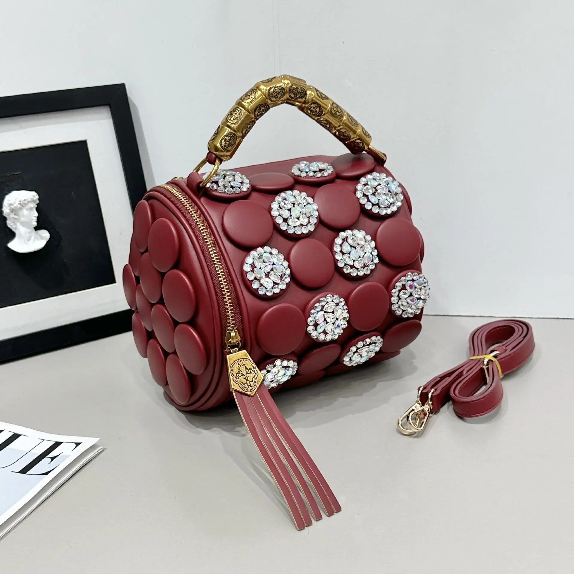 New Fashion Handbag with Diamond Set Small Square Bag Shoulder Strap Buckle Cylinder Pillow Bags for Women