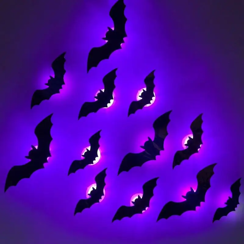 Stereoscopic Glowing Bat Night Light 9/12 Pcs Halloween Themed Decor for Holiday Party Haunted House Prop