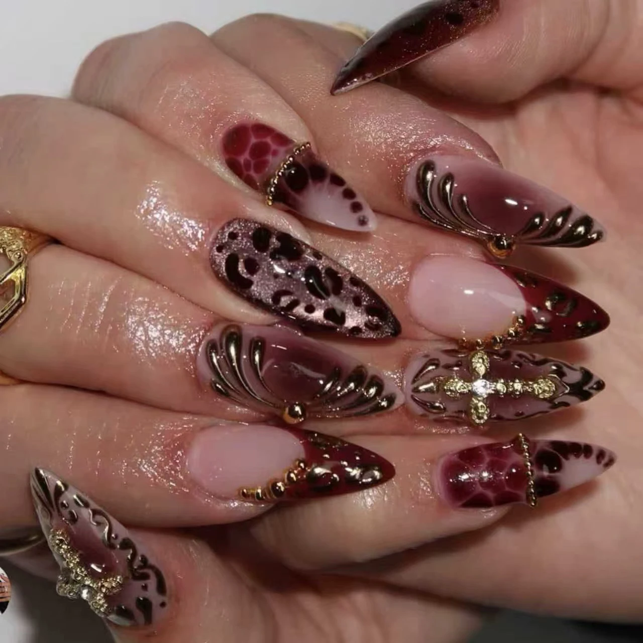 Nail Art Fake Nails - Gradient wine red brown fake nails