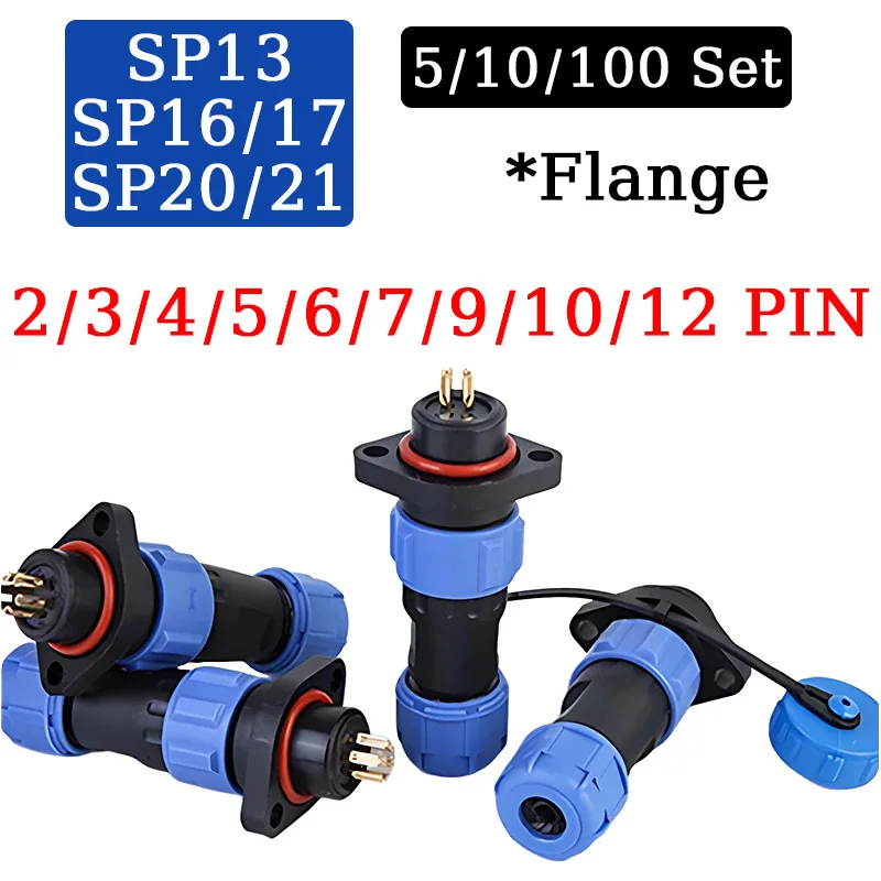 

5/10/100Set Aviation plug socket connector Flange SP13 16 17 20 21 Male Female butt joint IP68 waterproof 2 3 4 5 6 7 9 10 12PIN