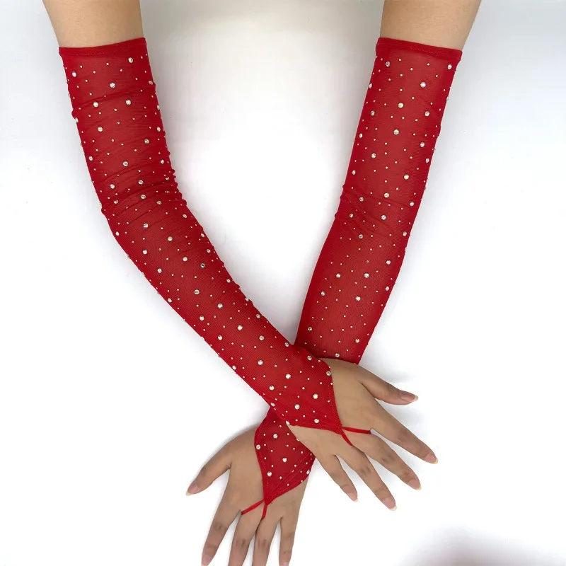 49CM Women Fashion Electronic Music Festival Sexy Mesh Shiny Hook Finger Gloves Elasticity Thin Cosplay Stage Performance