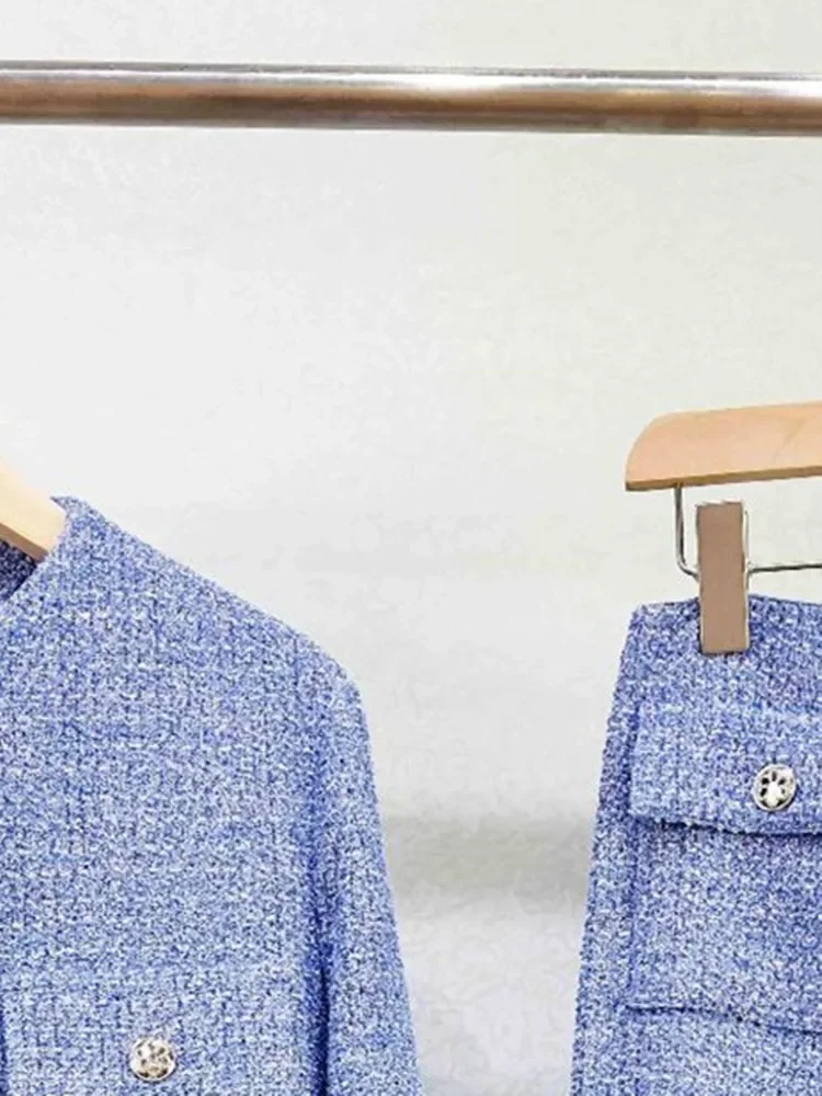 

Spring 2024 New Women Blue Tweed Set Lady Long Sleeve Single Breasted Lace Up Jacket or Straight Wide Leg Pants