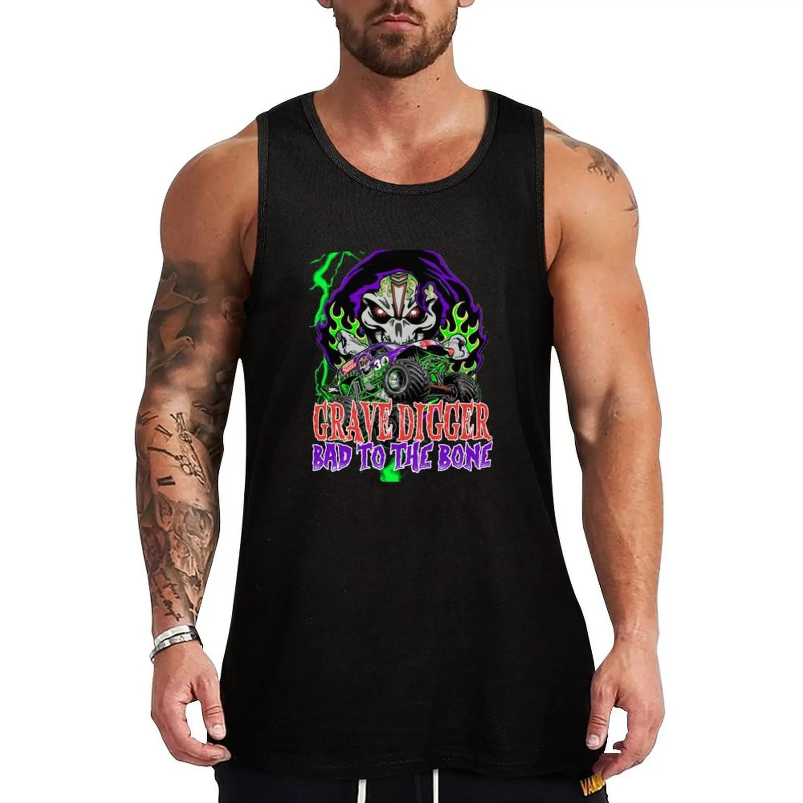 

Grave Digger Bad to the Bone monster jam grave digger monster truck Fanart 1 Tank Top male top Gym wear Fitness men clothing