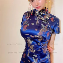 Marineblauwe Traditie Chinese Vrouwen Jurk Korte Satijnen Qipao Vintage Dragon Phoenix Jacquard Cheongsams Korte Mini Feestjurken