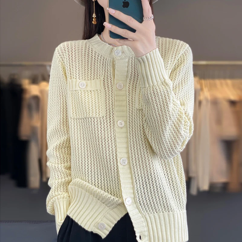 2024 New Spring and Summer Women Cashmere Cardigan Cashmere Sweaters O-Neck Loose Female Solid Color Knitwear Coat