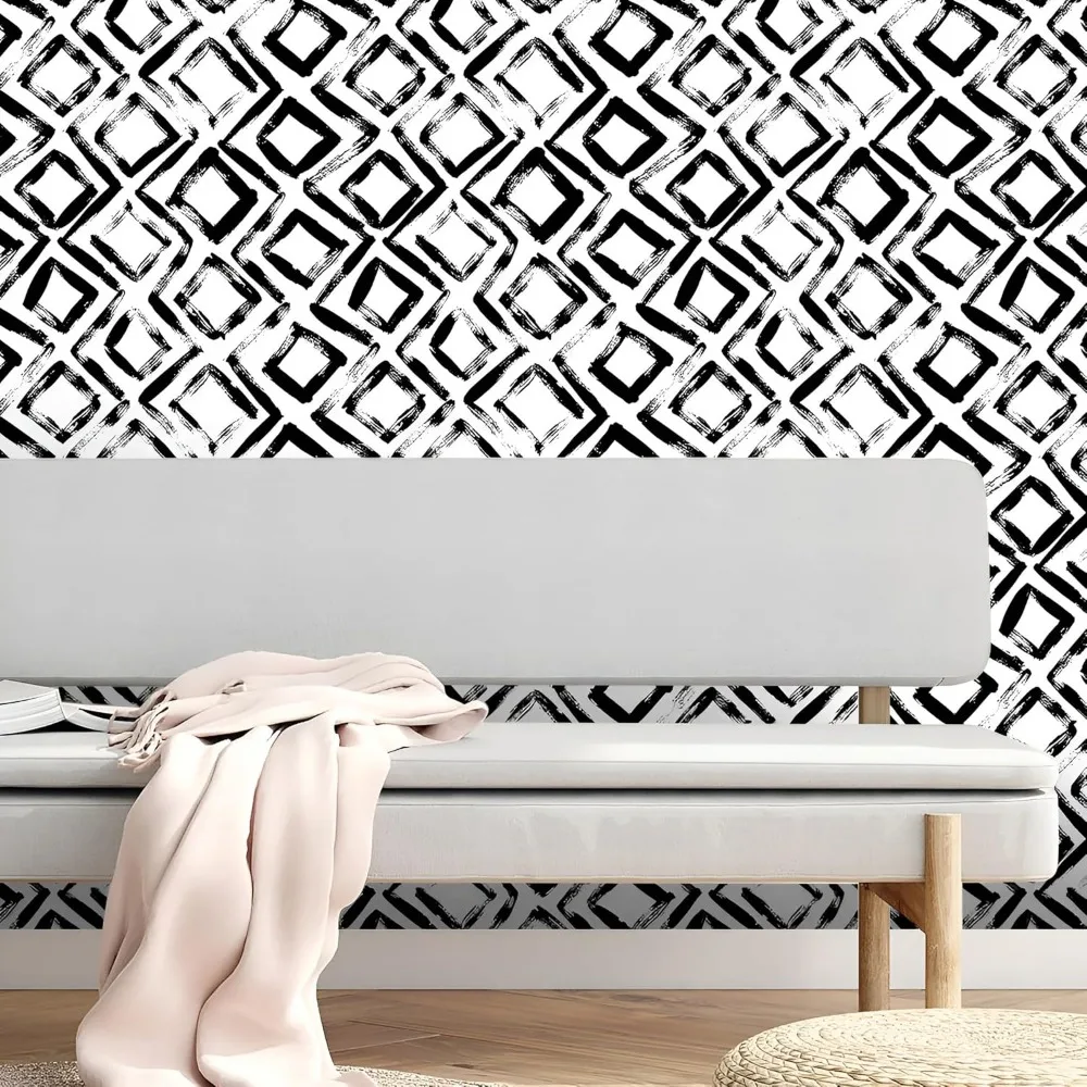 ورق جدران من الفينيل قابل للإزالة بنمط هندسي أبيض وأسود لديكور غرفة النوم وغرفة المعيشة