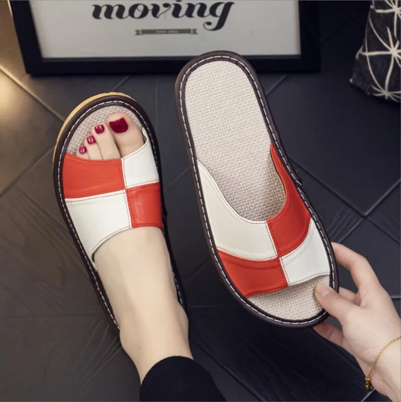 Light Luxury Genuine Leather Sheepskin Women\'s Slippers PVC Rubber Sole Non-Slip Summer Shoes Comfortable Soft Couple Sandals