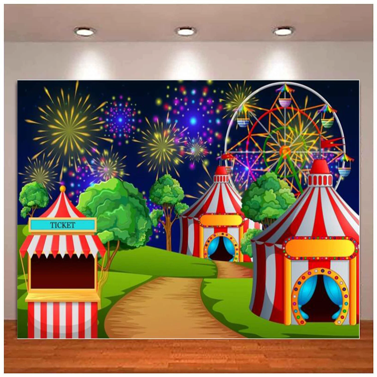 Cartoon Backdrop Circus Nightscape Tents Ticket Office Dreamlike Ferris Wheel Fireworks Background Baby Birthday Party Banner