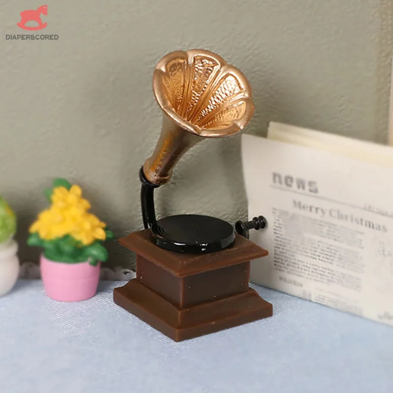 1pcs 1/12 Dollhouse Miniature Gramophone Model Record Player Doll House Living Room Bedroom Decoration Accessories