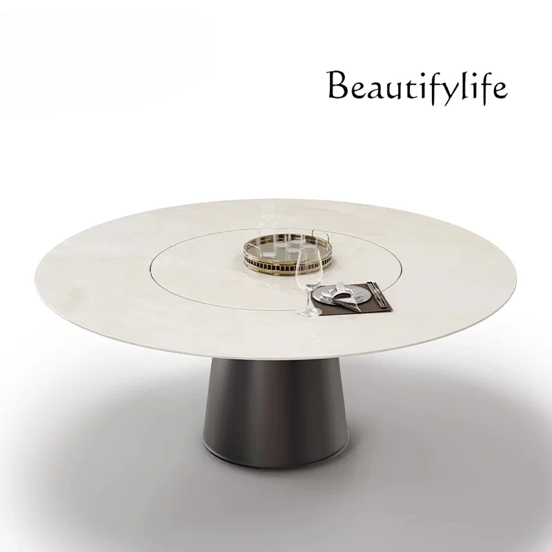 M Italian Modern Minimalist Round Table/natural Stone + Inlaid Turntable/round Marble Dining Table