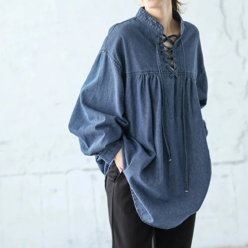 

Loose Pure Color Long Sve Denim irt with Lantern Sves And Bow Tie Autumn Winter Japanese Sle Women's Casual Top