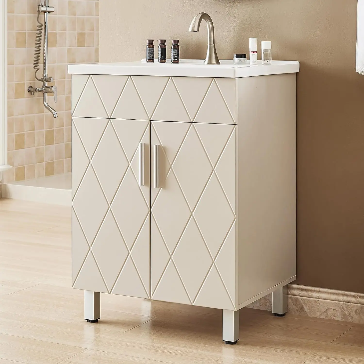 

24" Modern Bathroom Vanity with Ceramic Sink, Metal Legs, Diamond Doors, Small Storage, Light Gray, Customized