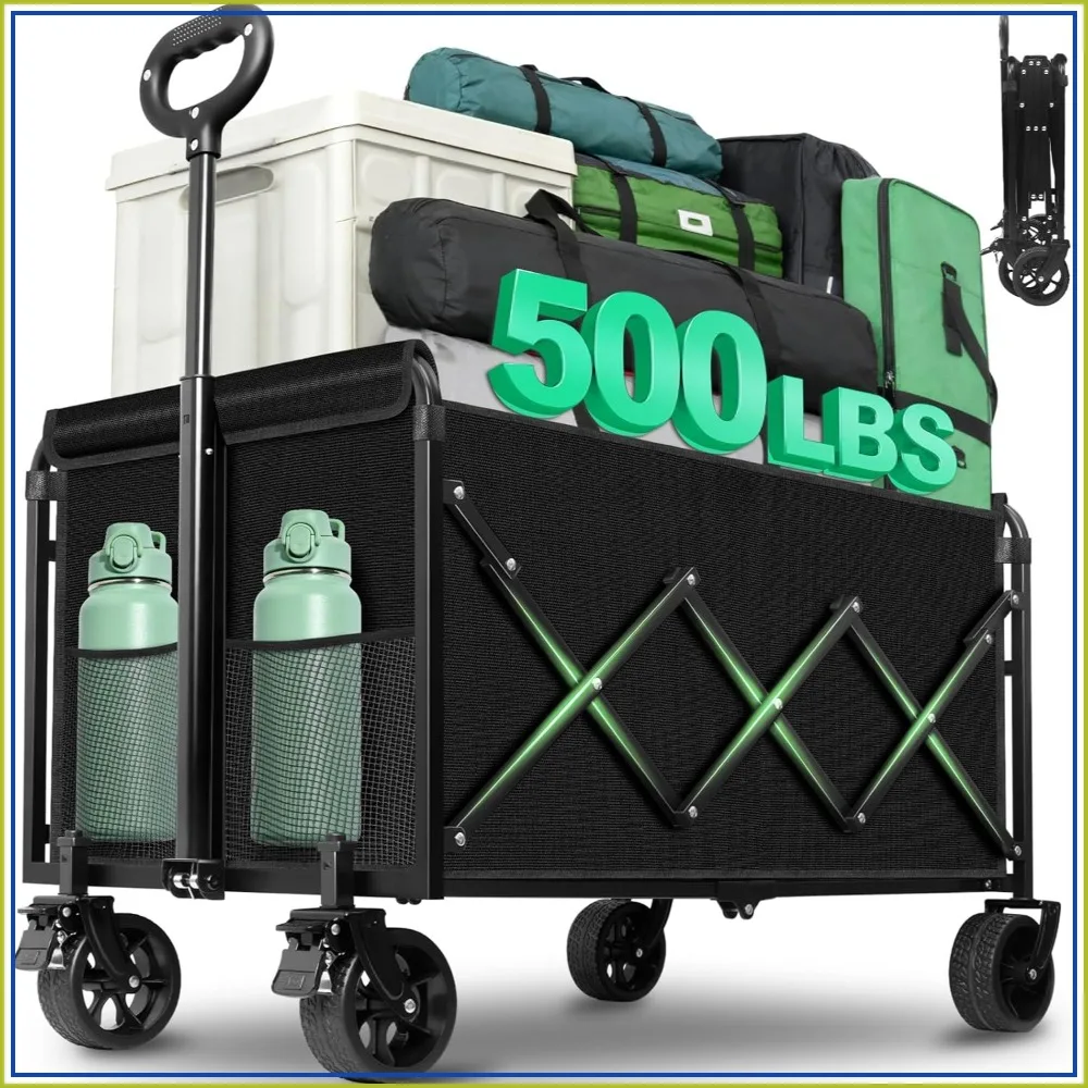 

500LBS Collapsible Wagon Cart with Wheels & Brakes, Heavy Duty Folding Utility for Camping, Beach, Grocery