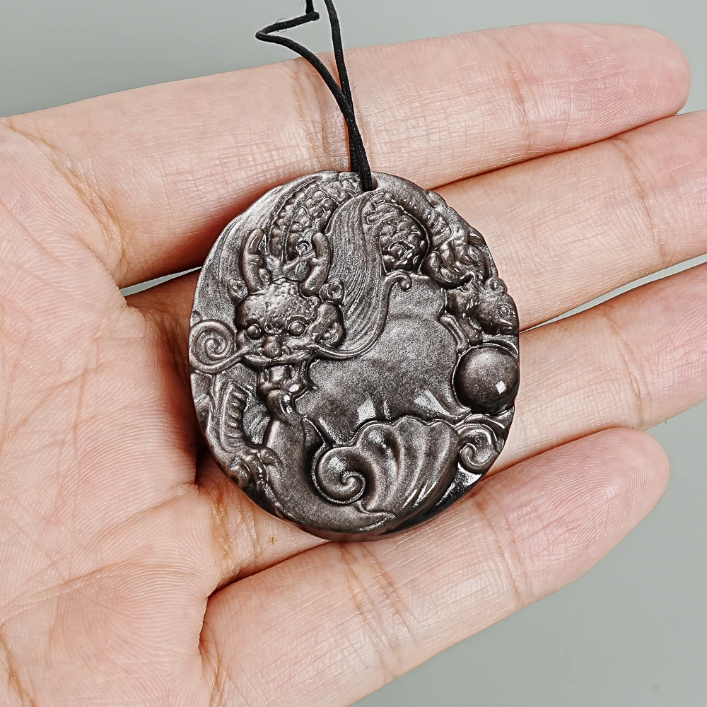 

Серебряный черный круглый кулон с резьбой в виде дракона, натуральный серебряный обсидиан, полудрагоценный камень, амулет на удачу, ожерелье-талисман, 43X38X9 мм