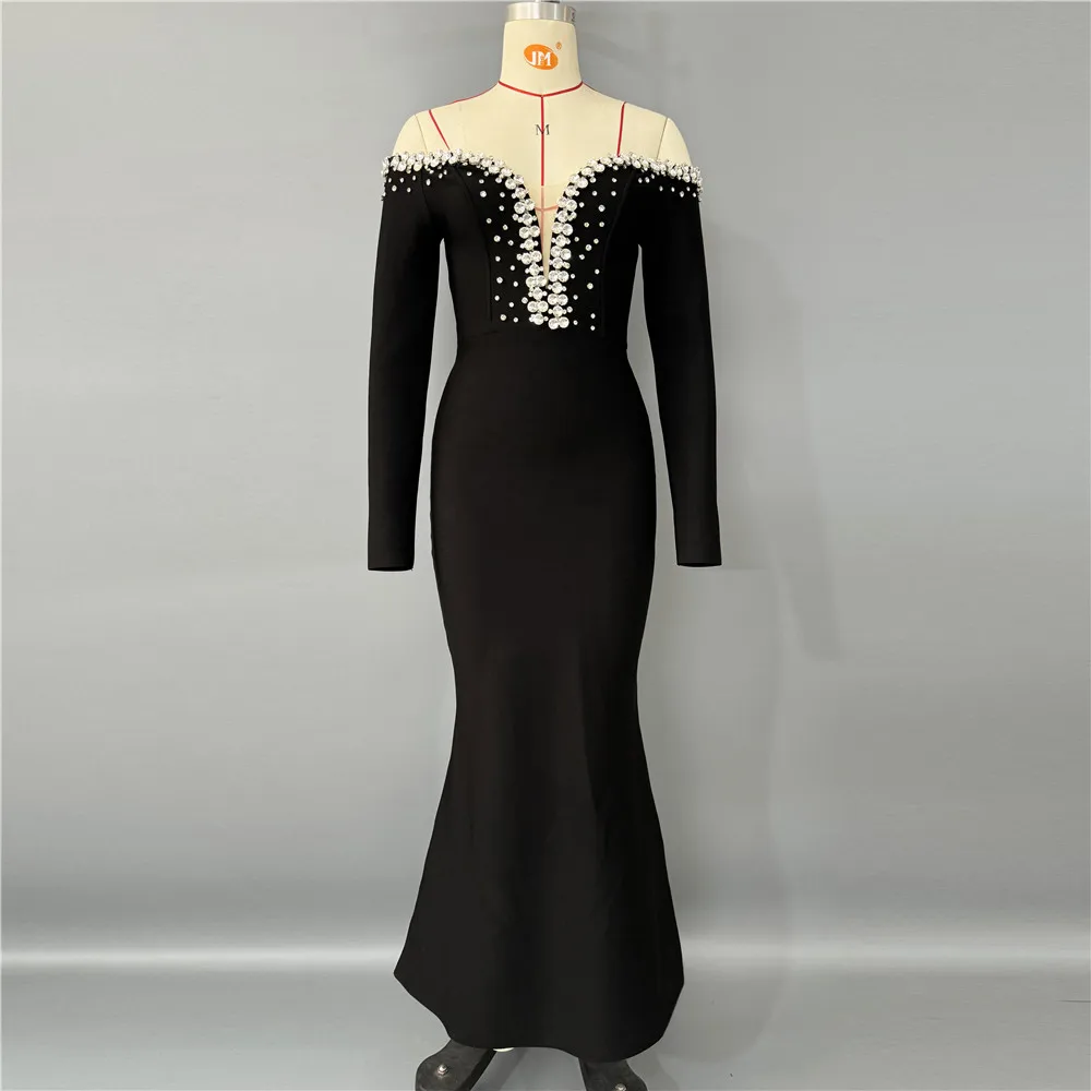 Women Elegant Beading Bandage Dress Sexy Off The Shoulder Long Sleeve Clothes Celebrity Party Trumpet Dresses