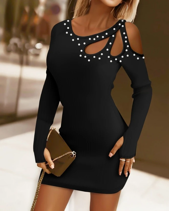 

Womens Dresses Spring Fashion Hollow Out Beaded Sexy Cold Shoulder Plain Long Sleeve Bodycon Daily Mini Dress