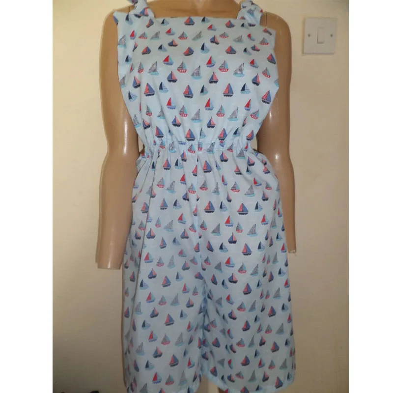Adults ABDL Cute Blue Multi Boat Pattern Dungarees Elasticated Waist Bib Top Crossover Straps Jumpsuits Loose Comfortable Onesie