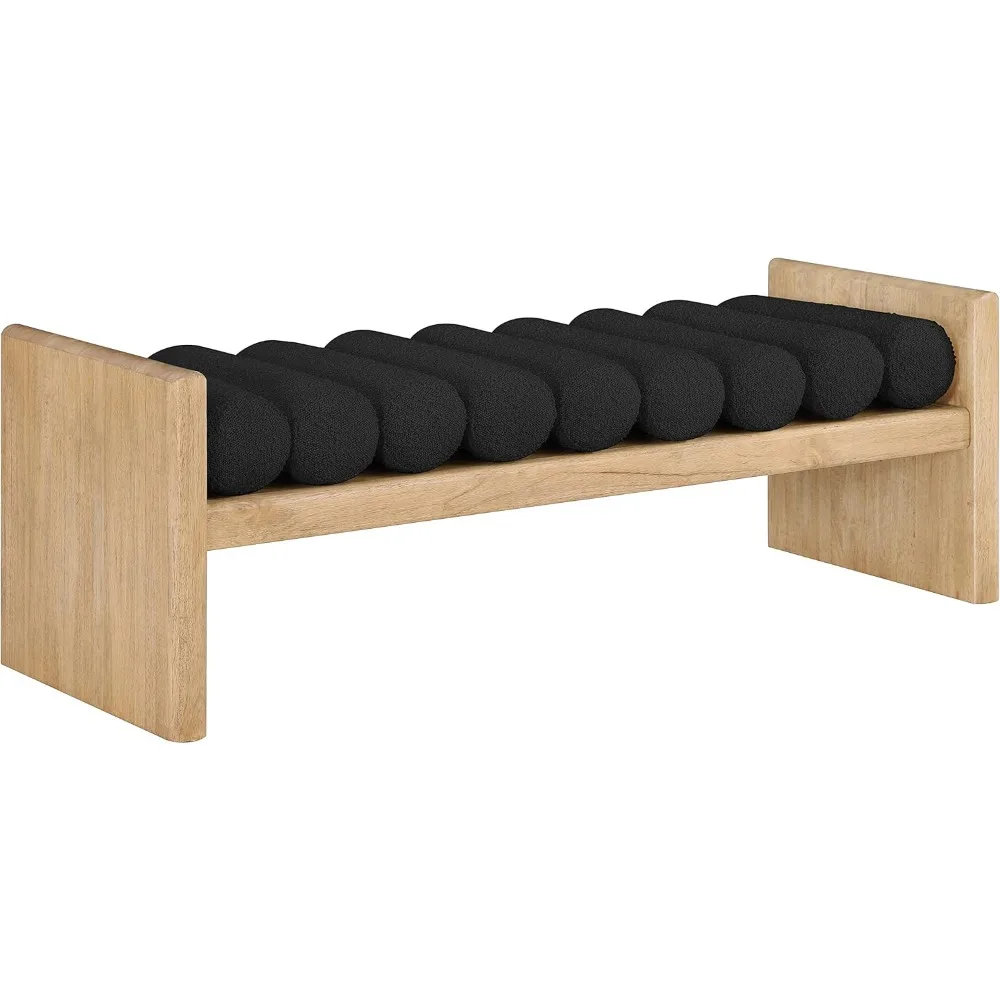 

Contemporary Bench with Solid Wood Rich Natural Finish Luxurious Black Boucle Fabric Black