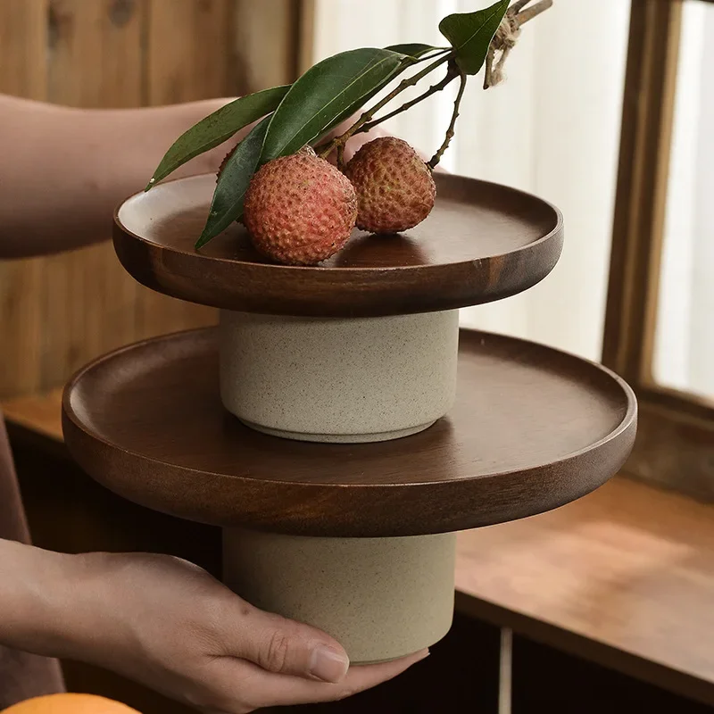 Japanese Acacia Wood Fruit Tray,High-Fired Clay Plate, Vintage Round Ceramic Platter, Rustic Tableware, Decorative Serving Dish