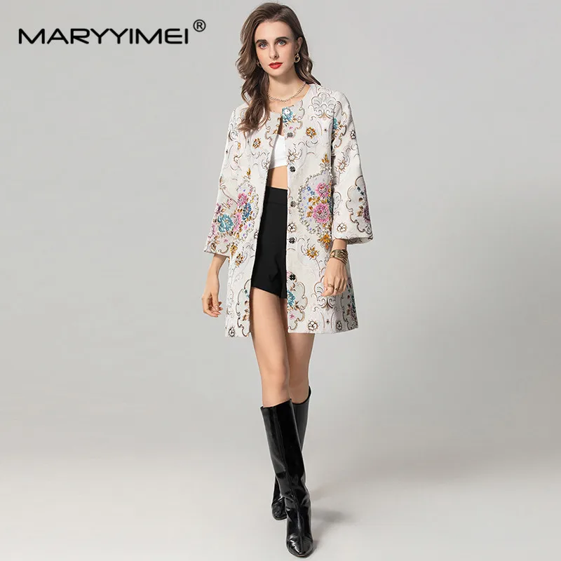 MARYYIMEI Autumn and winter New Style Vintage Designer Coat Jacquard Long-Sleeved Single-Breasted Beading Sequins Short Overcoat