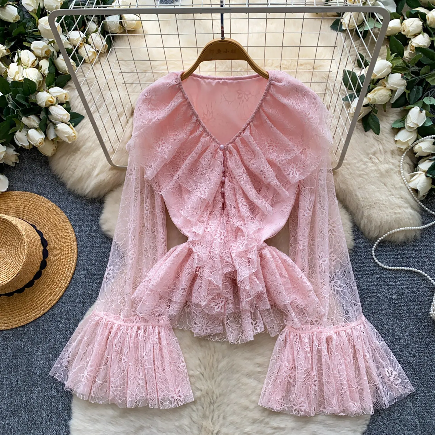 Women Blouses Shirt Vintage Lace Sexy V Neck Flare Sleeve Tops Ruffles Solid Y2k Streetwear Elegant Splice Shirts 2026 Autumn