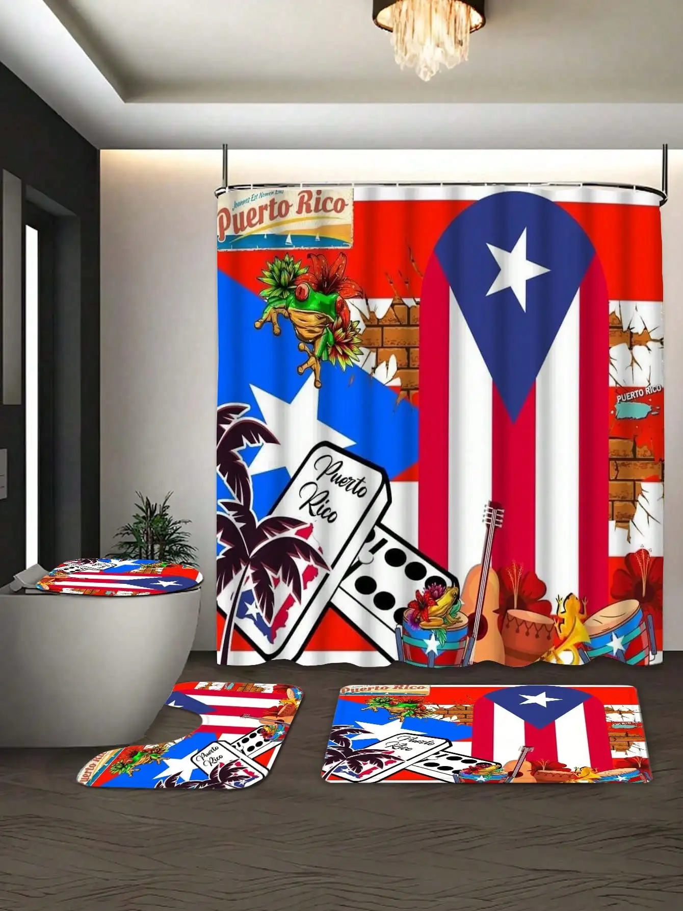 

4-х предметный набор для ванной комнаты на тему Пуэрто-Рико — яркий водонепроницаемый полиэстер, противоскользящие коврики для ванной и чехлы на сиденья унитаза с тропи