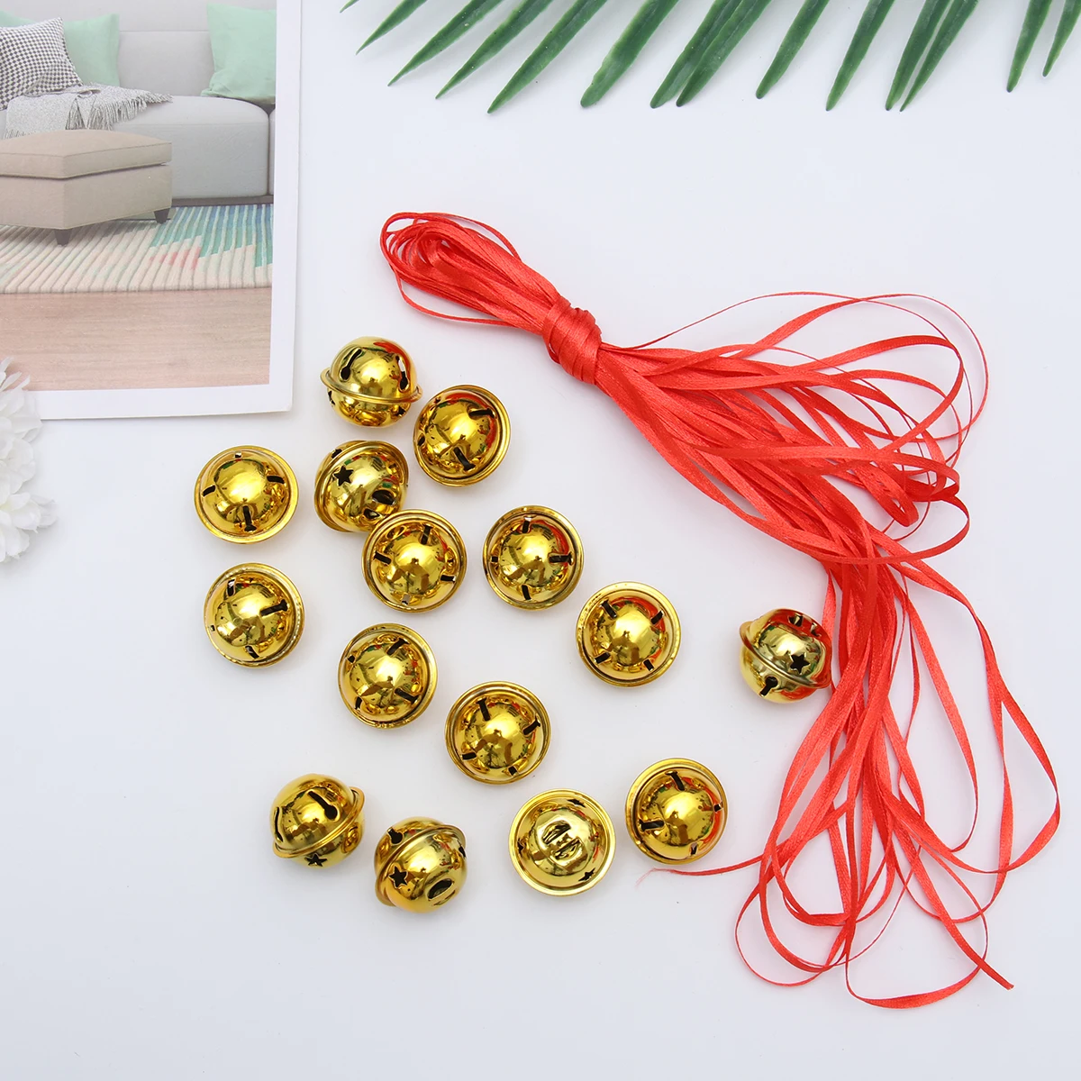 

21pcs Jingle Bell Set 4Cm Golden Bells With Ribbon Diy Christmas Decorations Craft Hanging Accessories Party Wedding Decoration