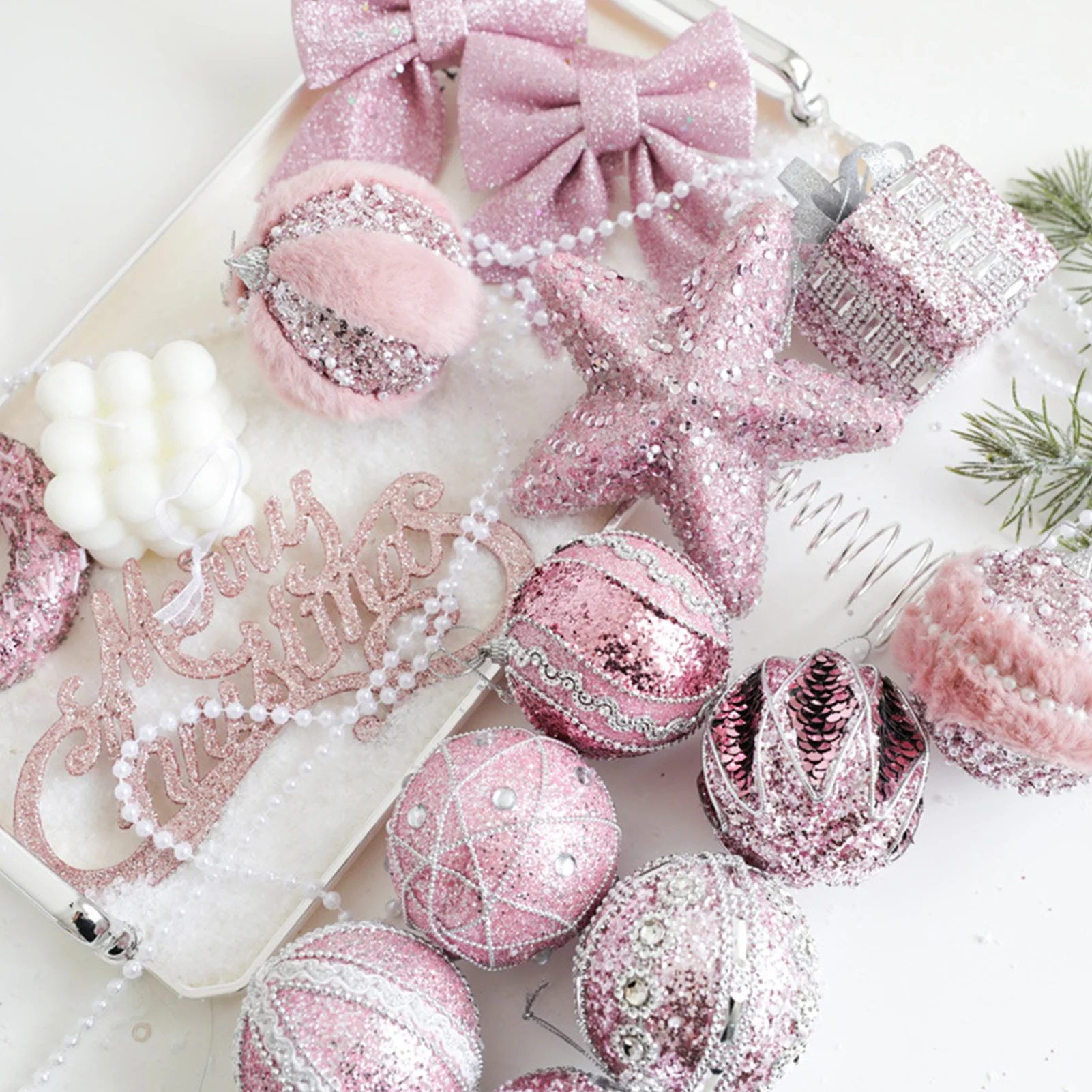 

6Pcs Xmas Tree Decoration Sequin Plush Bow Ball Donut Letter Sign Tree Decor Set Pink Color