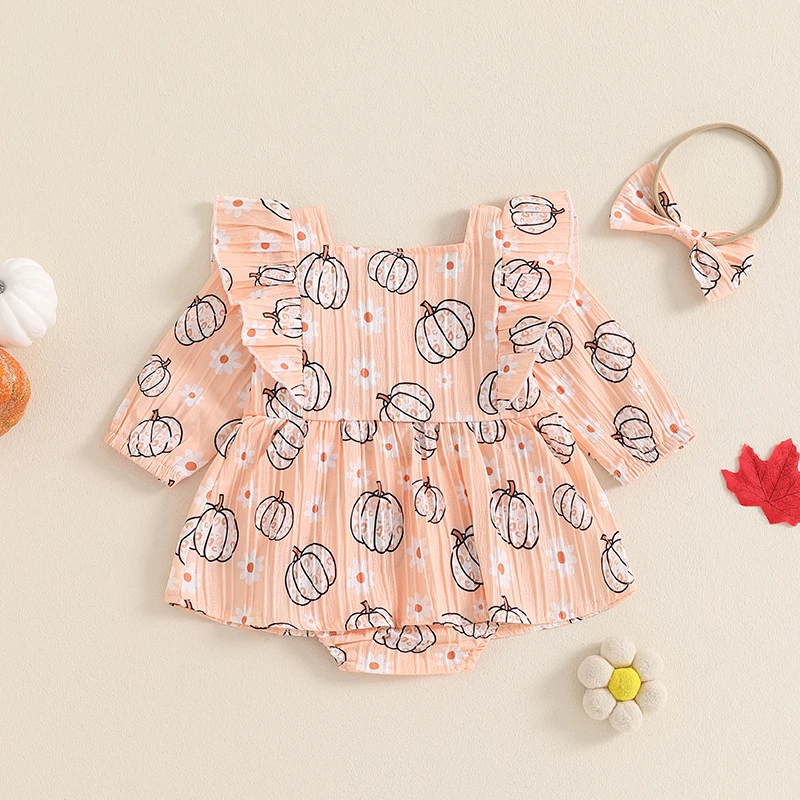 Baby Girl Halloween Outfit Pumpkin Print Ruffle Trim Long Sleeve Romper Dress Bow Headband 2 Piece Set for Fall