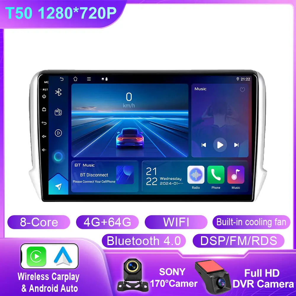 Android Auto Voor Peugeot 2008 208 2012 - 2018 Multimedia Speler Navigatie GPS Carplay QLED Touchscreen Auto Stereo WIFI Geen 2din